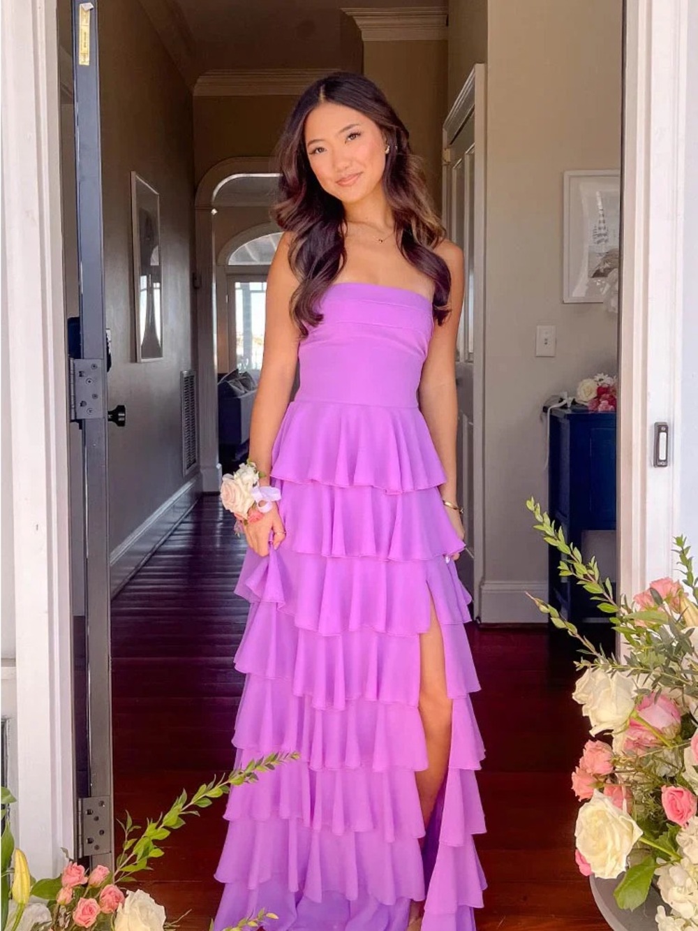 Kim Magenta Strapless Ruffle Maxi Dress